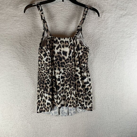 Swim Solutions Tankini Top Women 16 Tan Beige Leopard Pleat-Front Swimwear Beach - Picture 2 of 5